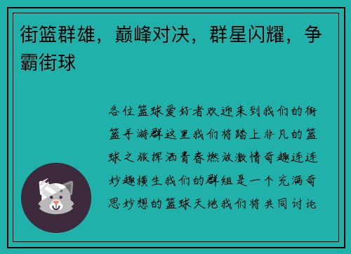 街篮群雄，巅峰对决，群星闪耀，争霸街球